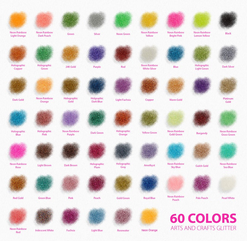 Positive Art Extra Fine Glitter Set of 60 Vibrant Colors | Color Powder in Leak-Proof Shaker Jars (0.32oz/9g) | Arts & Crafts Glitter Kit Glows Under UV Light | Use for Projects  Slime  Nails  Body  Face & More - Image 3